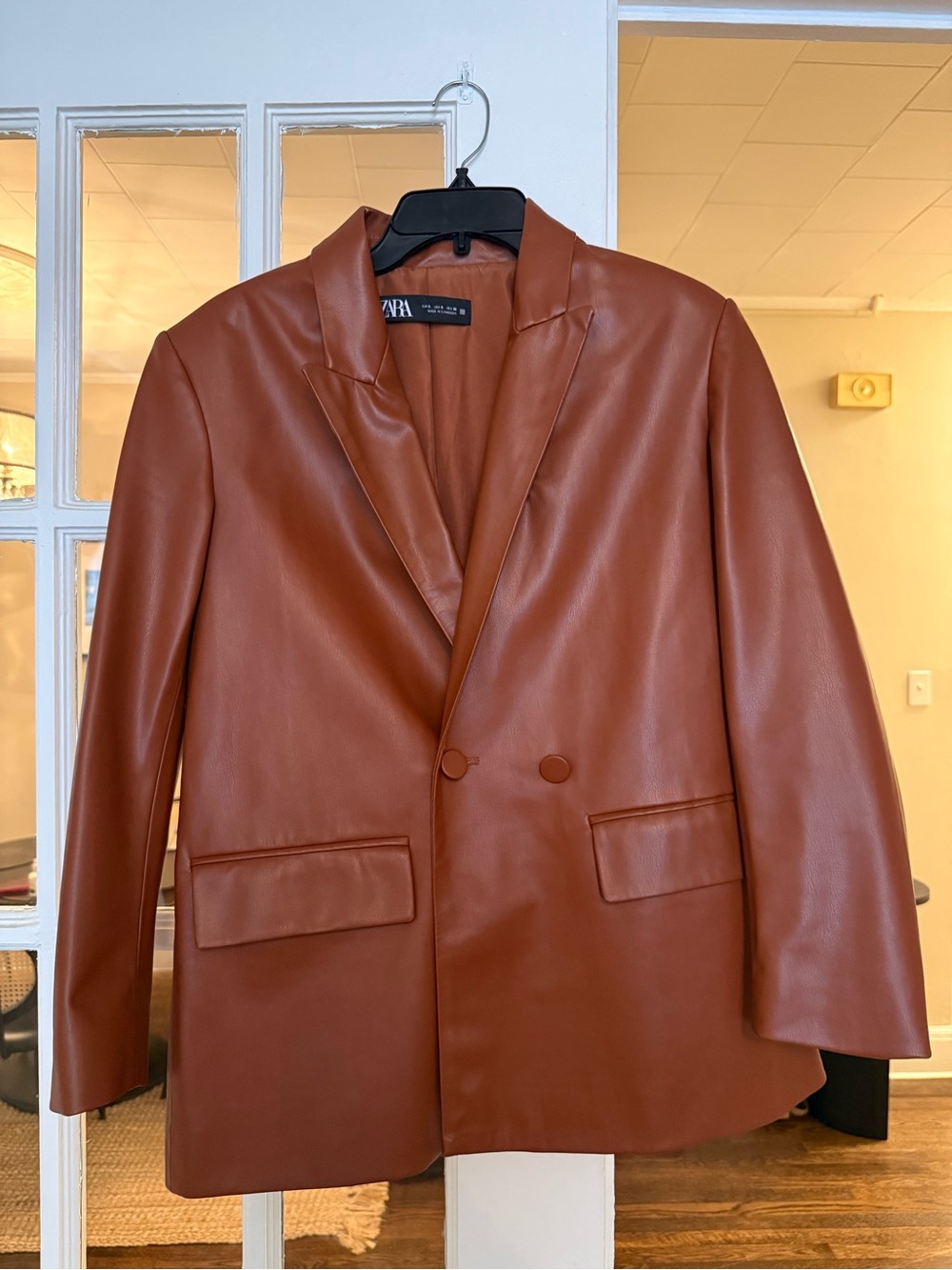 Zara Women’s Faux Leather Blazer in Cognac Brown